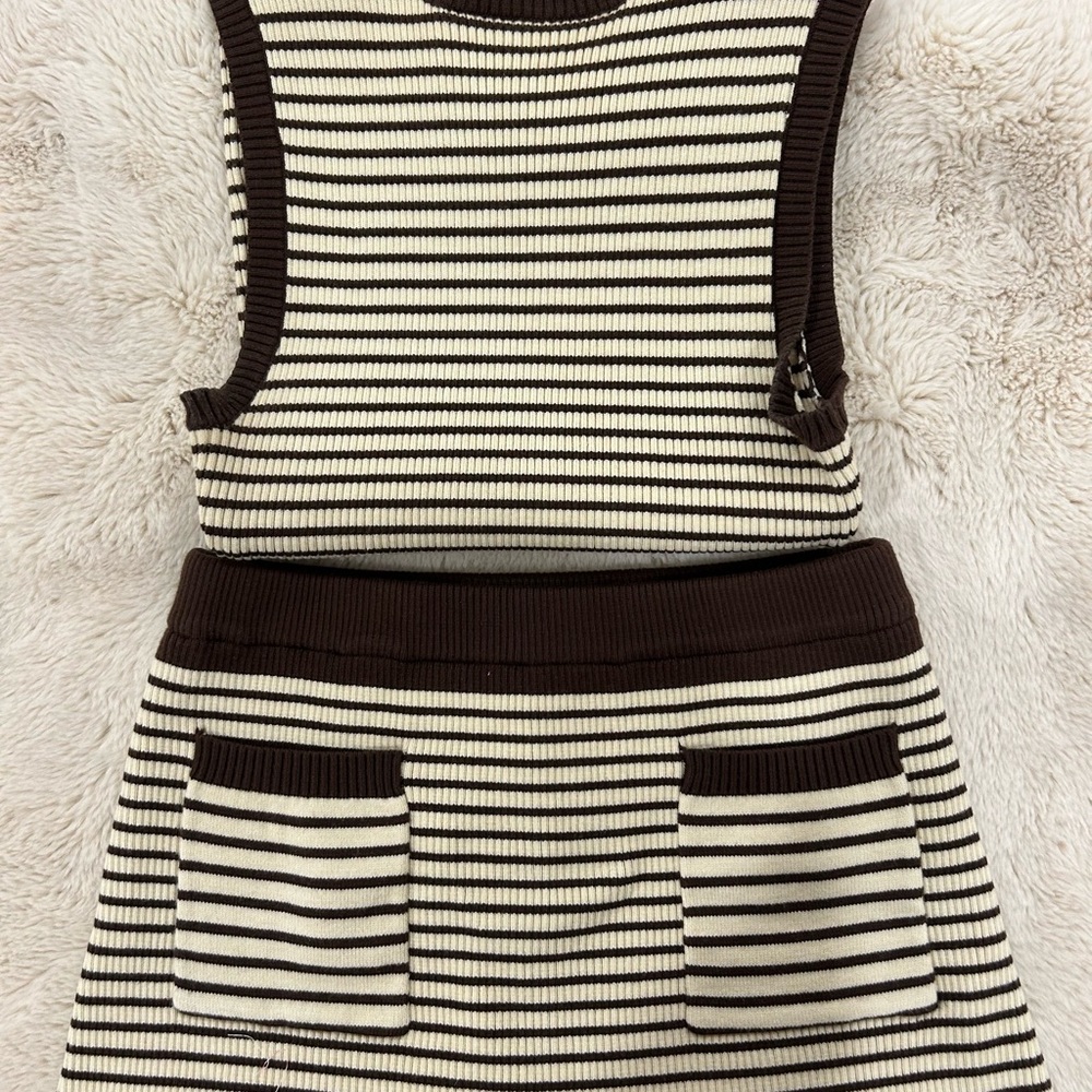 Frankie's Bikinis Brown and Cream Striped Knit Top and Skort